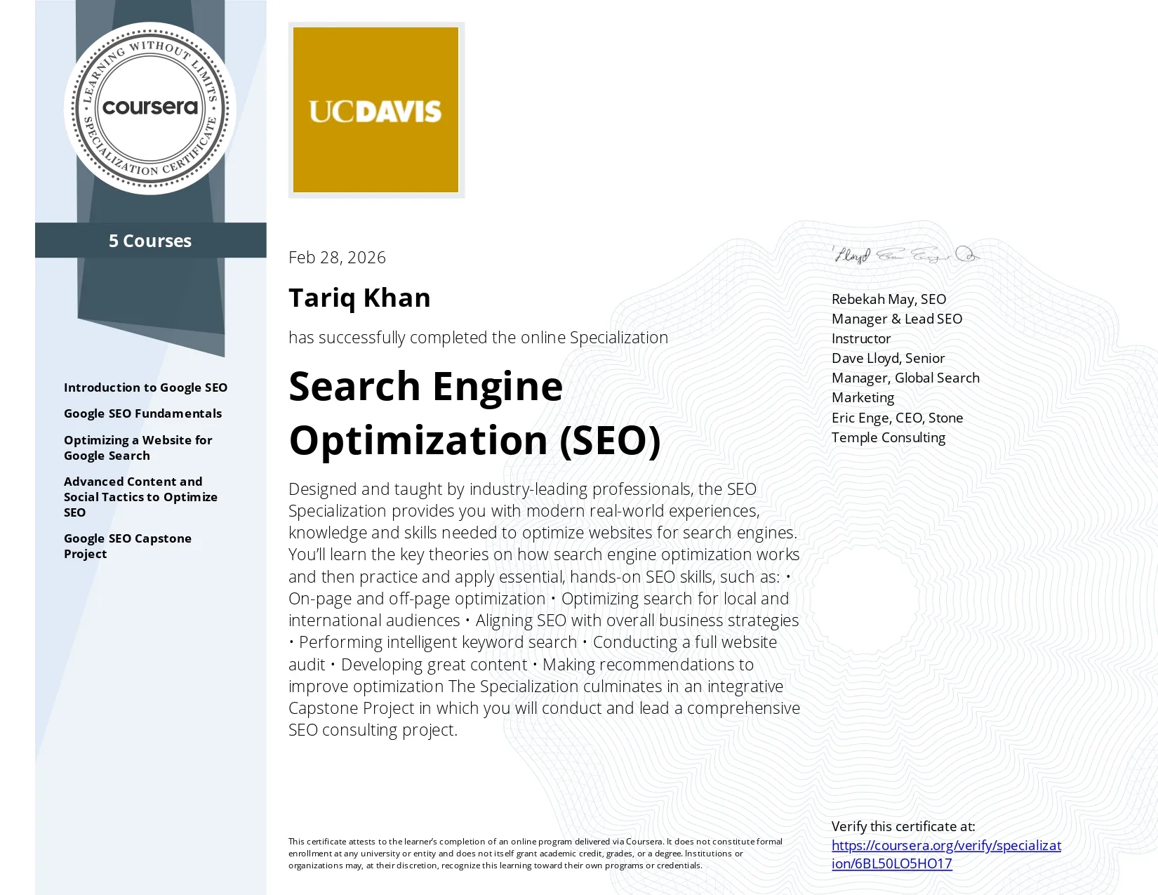SEO Specialization Certificate UC Davis